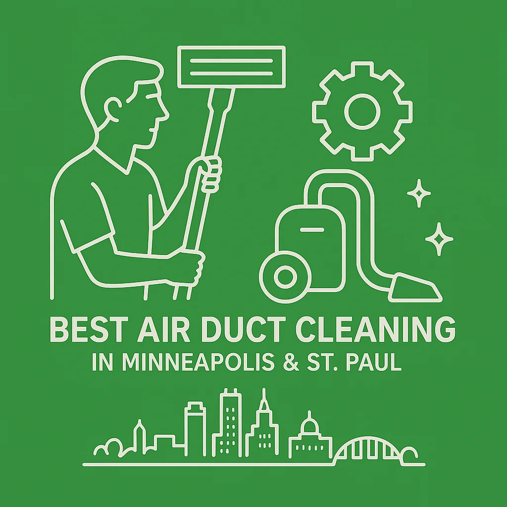 Illustration of technician with hose and city skyline promoting best air duct cleaning in Minneapolis and St Paul on green background.